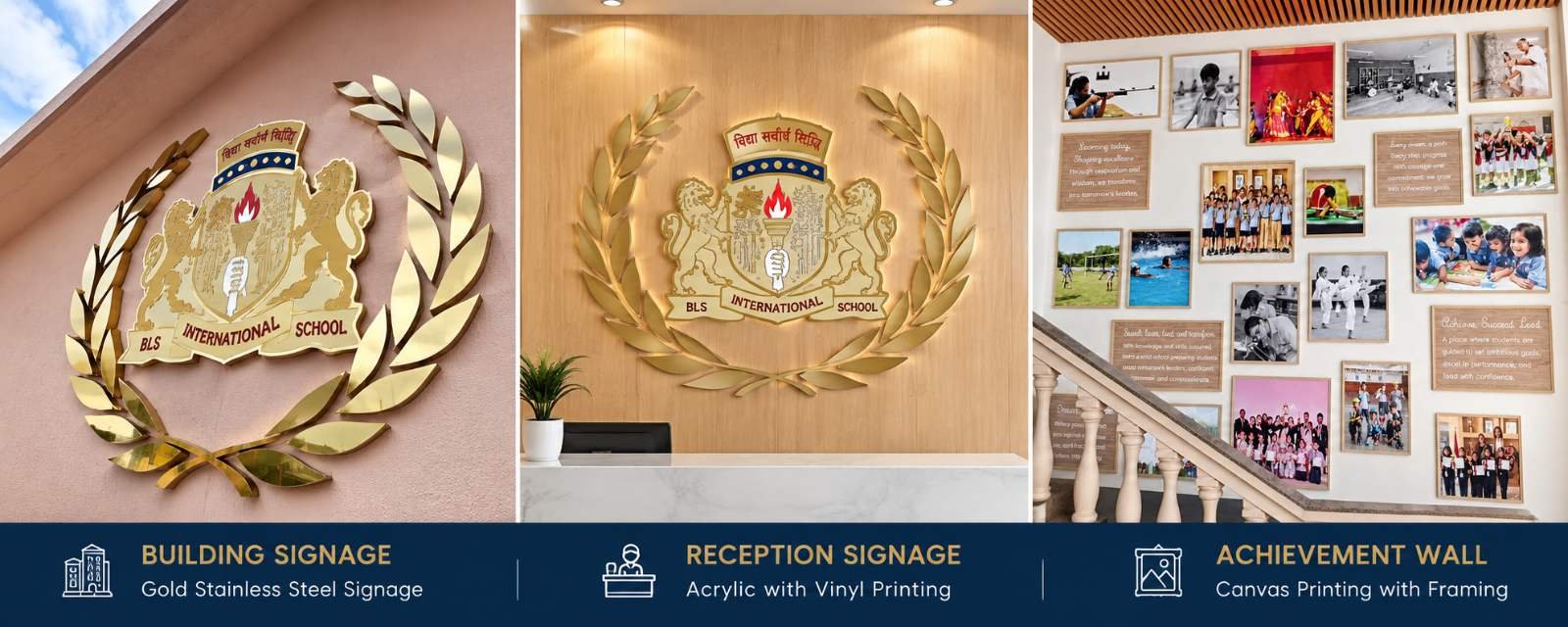 Gold Stainless Steel Building Signage for BLS International School